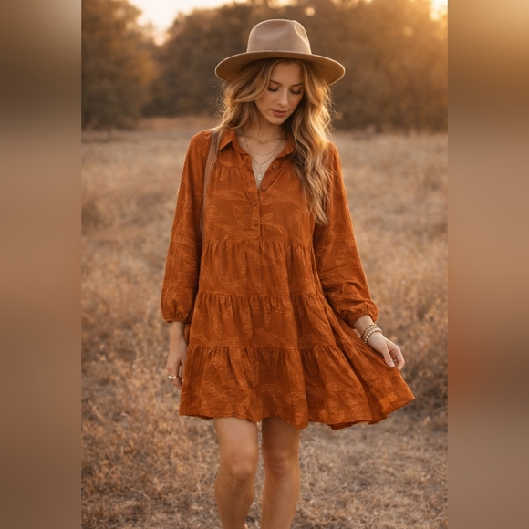 Umgee Rust Boho Babydoll Dress Medium Tiered Flowy Fall Boutique - Picture 6 of 9